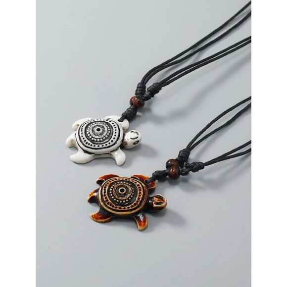 Tribal Surfer Turtle Pendant Necklace Set of 2 Adjustable Cord Brwn White Carved - Picture 2 of 5